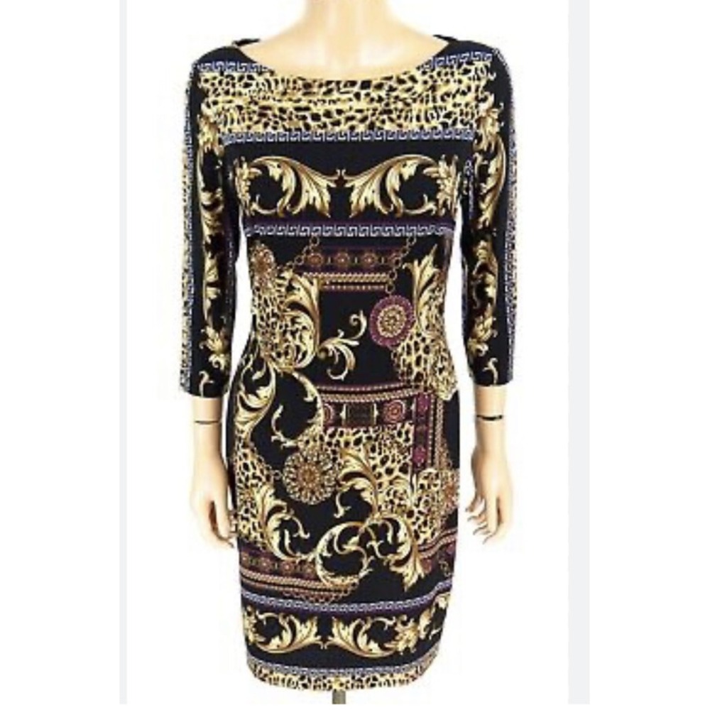 CACHE Sheath Dress 10 M L Black Gold Medallion Leopard Greek Key Print
